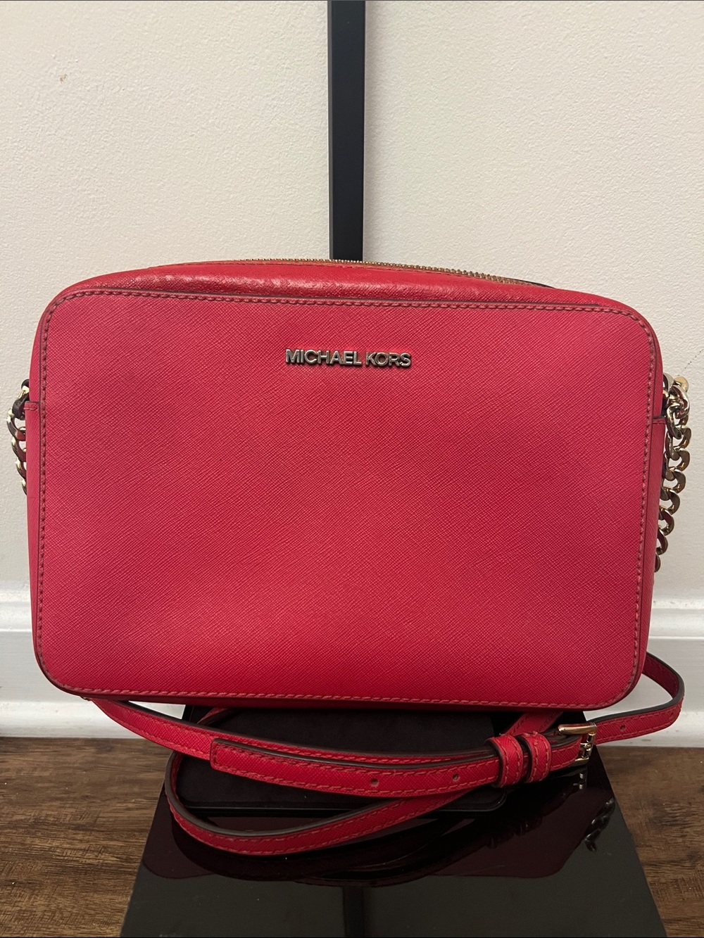 Michael Kors Red-Pink Saffiano Crossbody Camera Bag